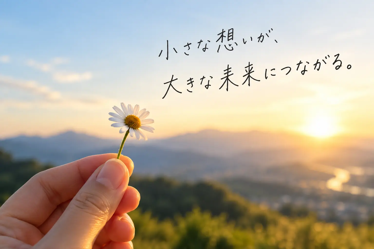 花を持つ手と、小さな想いが大きな未来につながる、の手書き文字